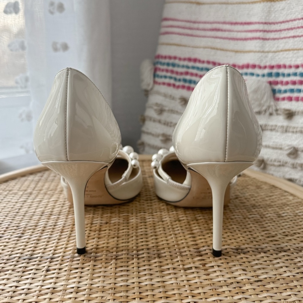 Jimmy Choo Aurelie 85 Latte White Faux Pearl Embellished Patent Leather Pumps 39 - Picture 8 of 11